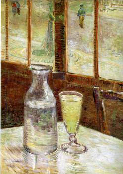 A Table in front of a Window with a Glass of Absinthe and a Carafe
